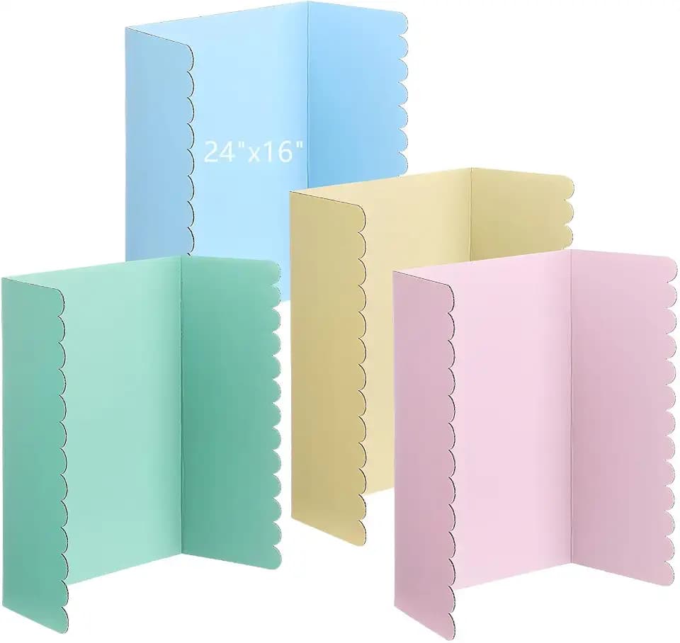 Mooliwe 4 Pack 24" x 16" Trifold Poster Board, Small Colored Tri Fold Corrugated Display Boards with Scalloped Edges for Science Fair, School Projects Presentation, Classroom & Back to School Supplies