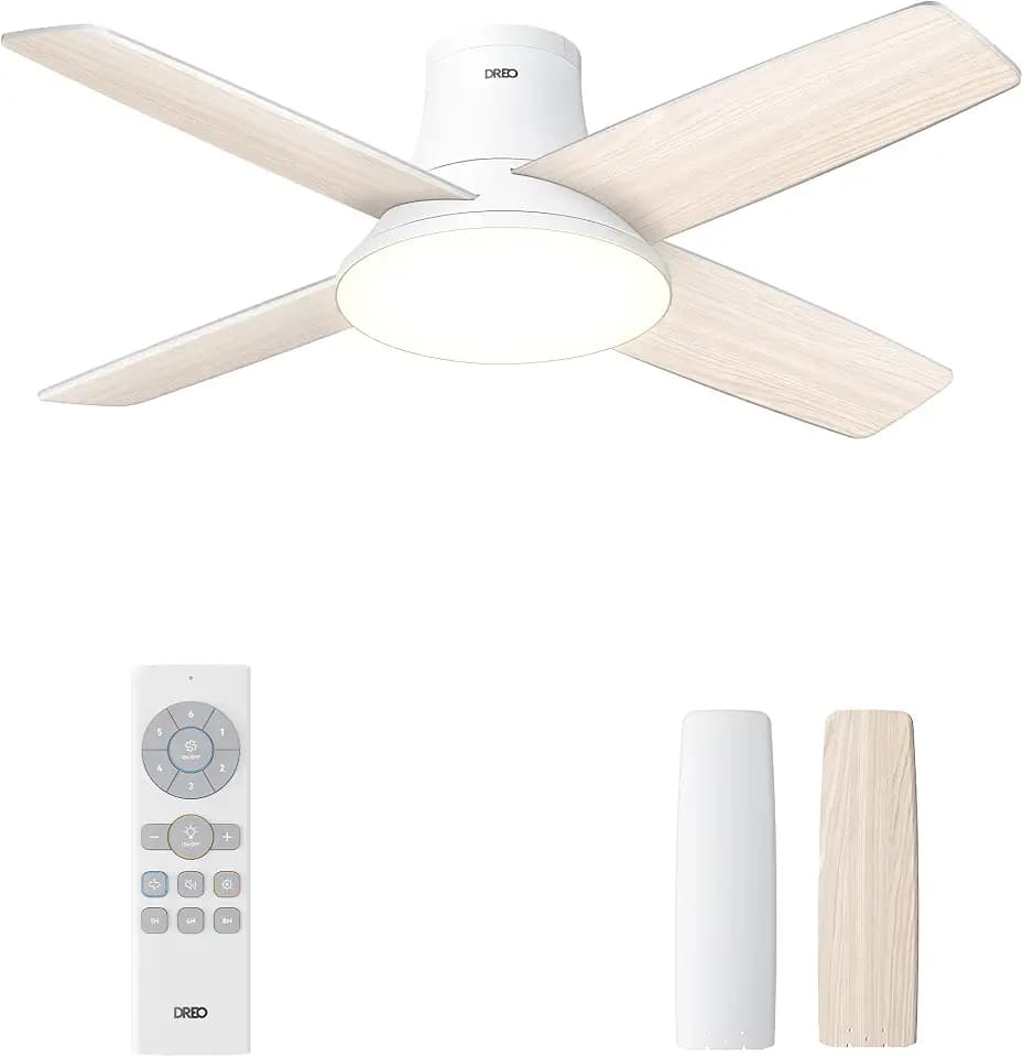 DREO Ceiling Fan, 44 Inch Low Profile Ceiling Fan with Light and Remote, 5CCT LED, 6-Level Dimmable, 6-Speed, Reversible Motor, 22 dB, Timer, Easy-Install, Black Flush Mount for Bedroom