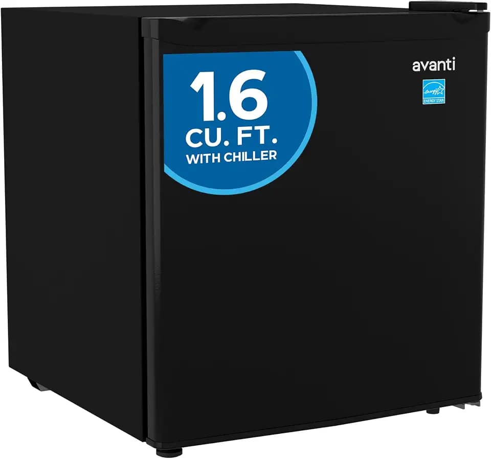 Avanti Mini Fridge 1.6 Cu. Ft. Compact Refrigerator for Dorm, Office & Bedroom, Chiller Compartment, Glass Shelf, Reversible Door, ENERGY STAR, Black