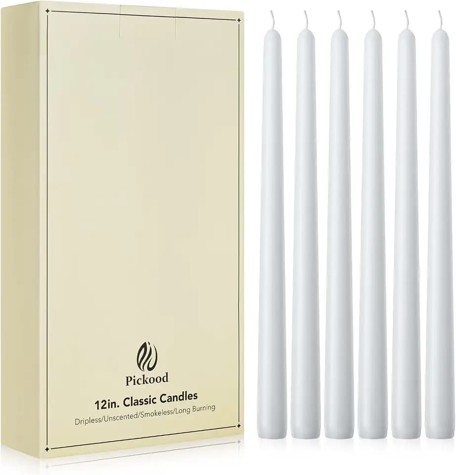 New Burning Formula Unscented Dripless 12-Inch Taper Candles Set of 12 - White, for Wedding, Dinner - Smokeless, Long Burning - Hand Poured, Colored Tall Candlesticks - Blancas