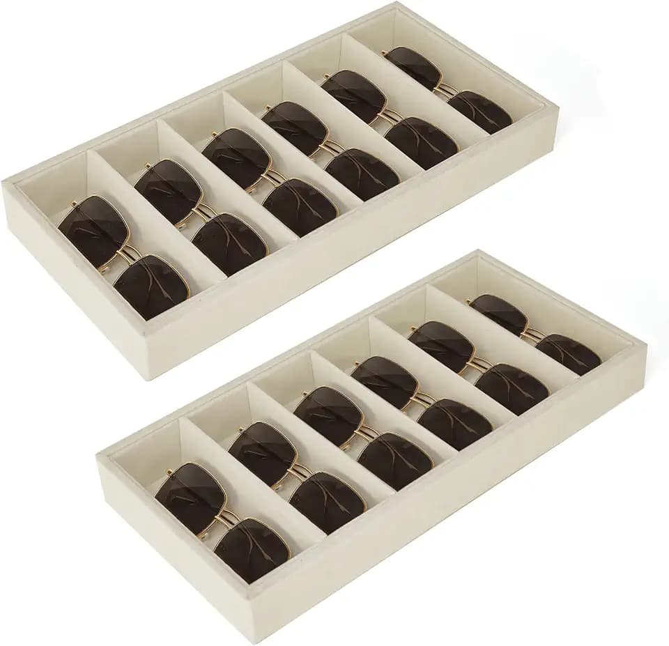 2PCS Sunglass Organizer - 6 Grids Sunglasses Storage Glasses Organizer, Velvet Jewelry Tray for Glasses Rings Necklaces Bracelet Watch, Eyeglass Tray for Women and Men