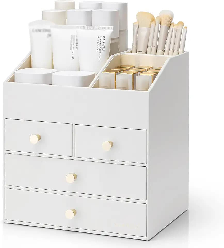 VLANDO Makeup Organizer Countertop with 4 Drawers,White