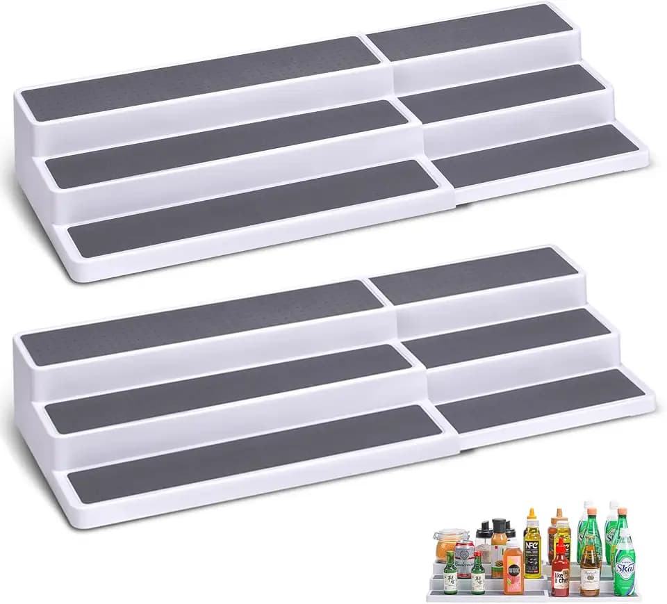 CiWiVOKi 3 Tier Expandable Spice Rack Organizer, White/Grey Plastic Spice Rack, Adjustable Length 14.6In-25.8In, 2 Pack Non-Skid Tiered Spice Shelf Organizer for Kitchen Cabinet, Cupboard, Pantry