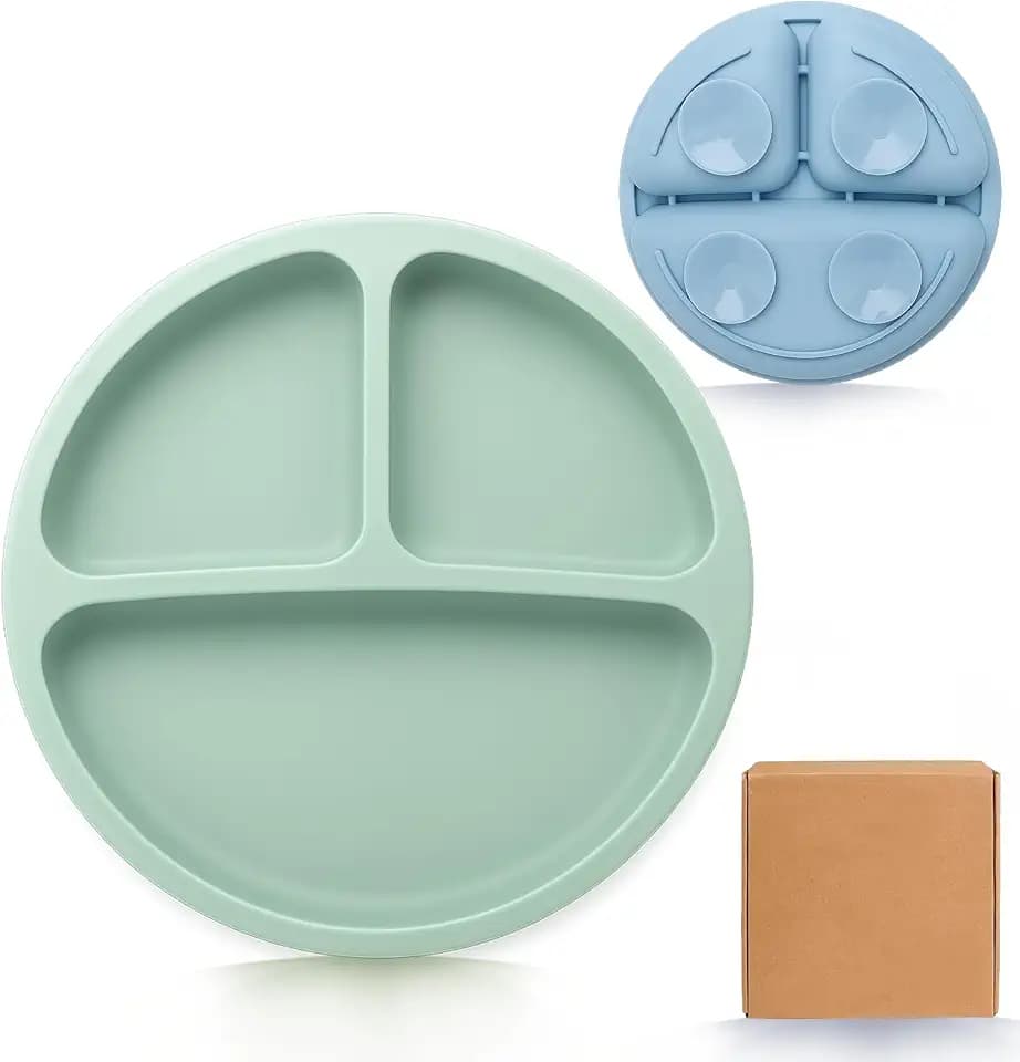 Toddler Plates with Suction, BPA Free Silicone Baby Plates for Babies & Toddlers, Divided Non Slip Feeding Dishes, Microwave & Dishwasher Safe (Green)