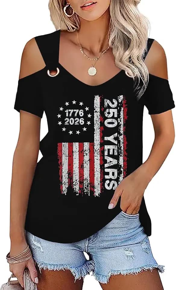 Womens 4th of July Shirt Funny Hollow Out Sweet O Ring Shoulder Short Sleeve Tee Summer Loose Fit Patriotic T-Shirt