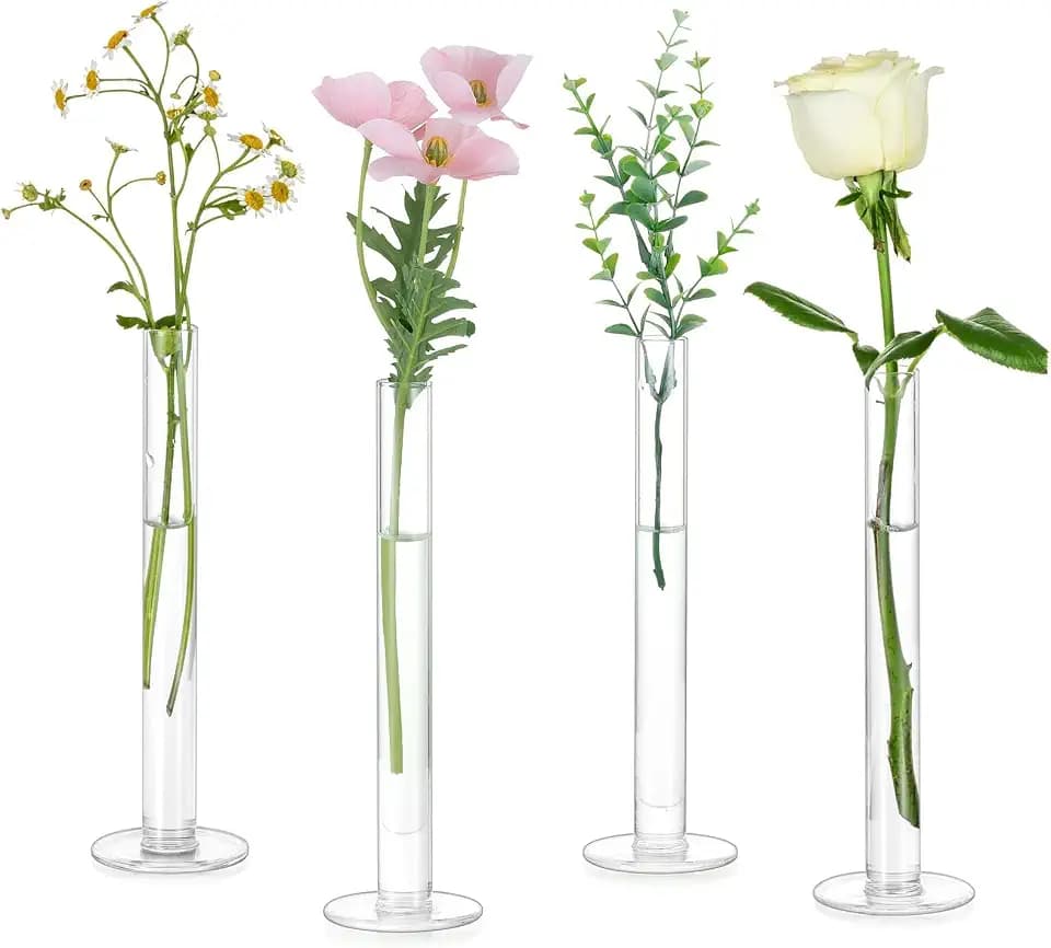 Glasseam Glass Bud Vase for Centerpieces, 4Pcs Clear Small Flower Vases Set