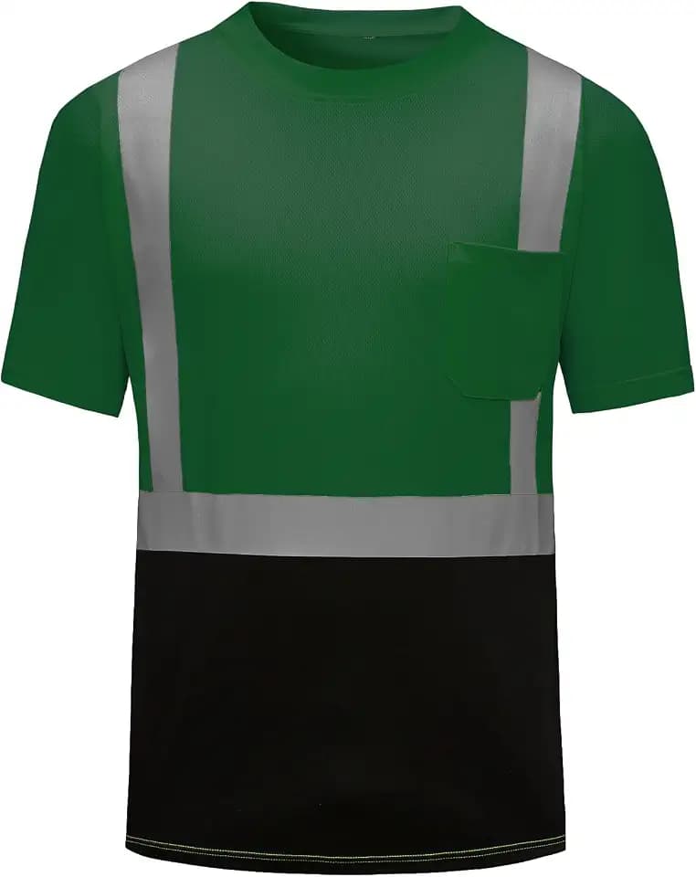 High Visibility Shirts Quick Dry Safety T Shirts with Reflective Strips and Pocket Short Sleeve Mesh Hi Vis Construction Work Class 2 Shirt for Men/Women Black Bottom Green,Large
