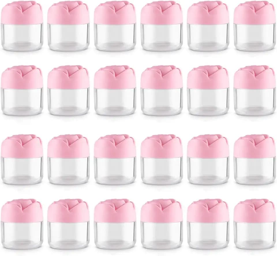24 Pack Pink Rose Flower Shaped Empty Cream Jars, Clear Leak-Proof Plastic Cosmetic Containers with Lids for Makeup, Nail Polish, Bulk Wholesale for Small Business