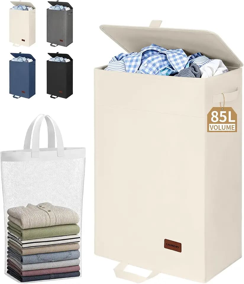 85L Laundry Hamper with Lid, Large Hamper for Clothes, Off White