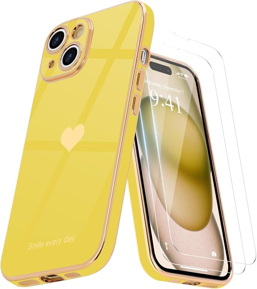 Teageo für iPhone 15 Plus Hülle+2 Schutzfolie Herzmuster, Gelb