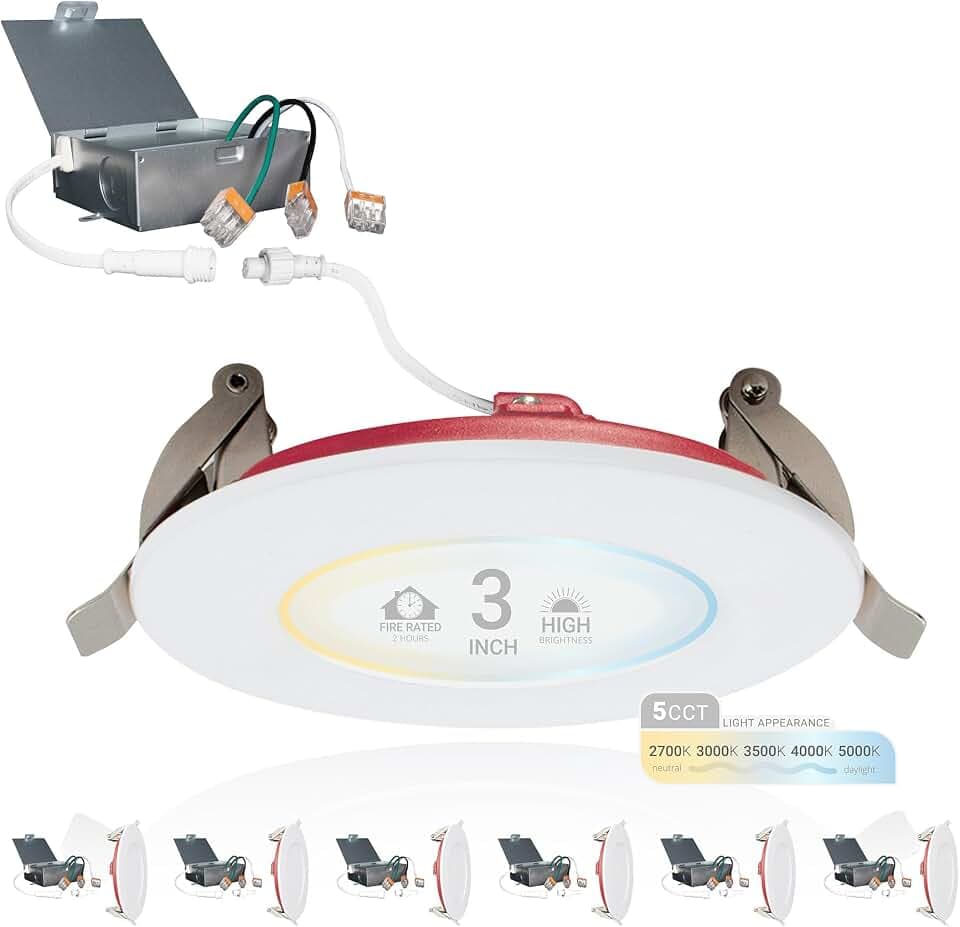 NUWATT 2 Hour Fire Rated 3 Inch LED Recessed Lights, 2700K-5000K, ETL, 6 PK