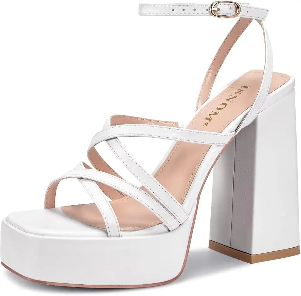 ISNOM Platform Chunky Heels for Women, Block Heel Sandals with Open Square Toe and Ankle Strap
