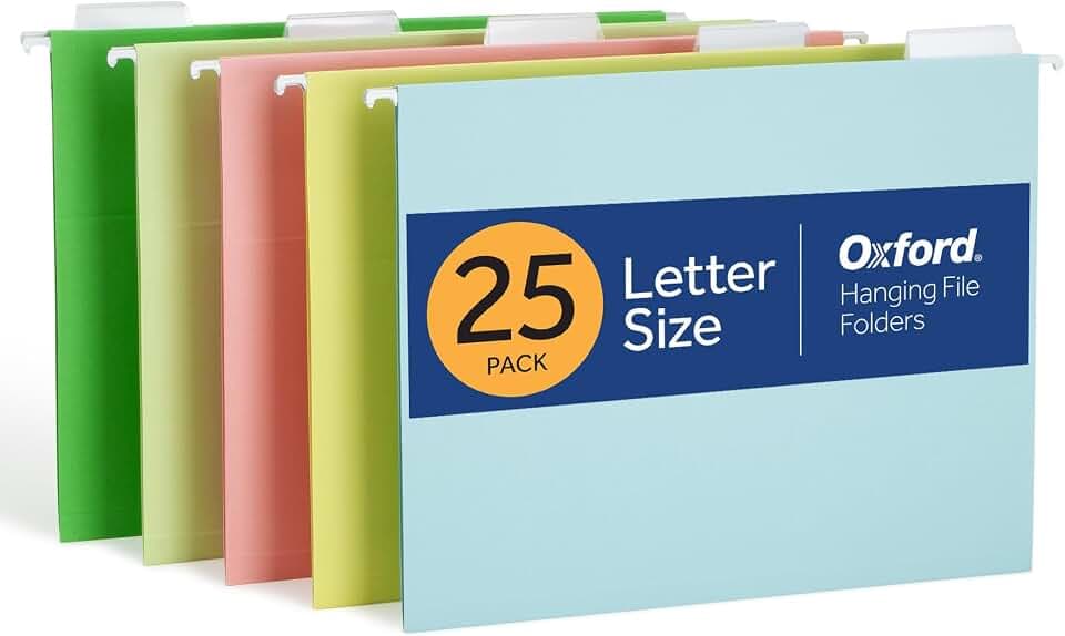 Oxford Hanging File Folders, 25 Pack, Letter Size (8.5" x 11"), 5 Pastel Colors, 5 Tab Positions, Includes Tabs and Inserts, Hanging Files for Office and Document Organization
