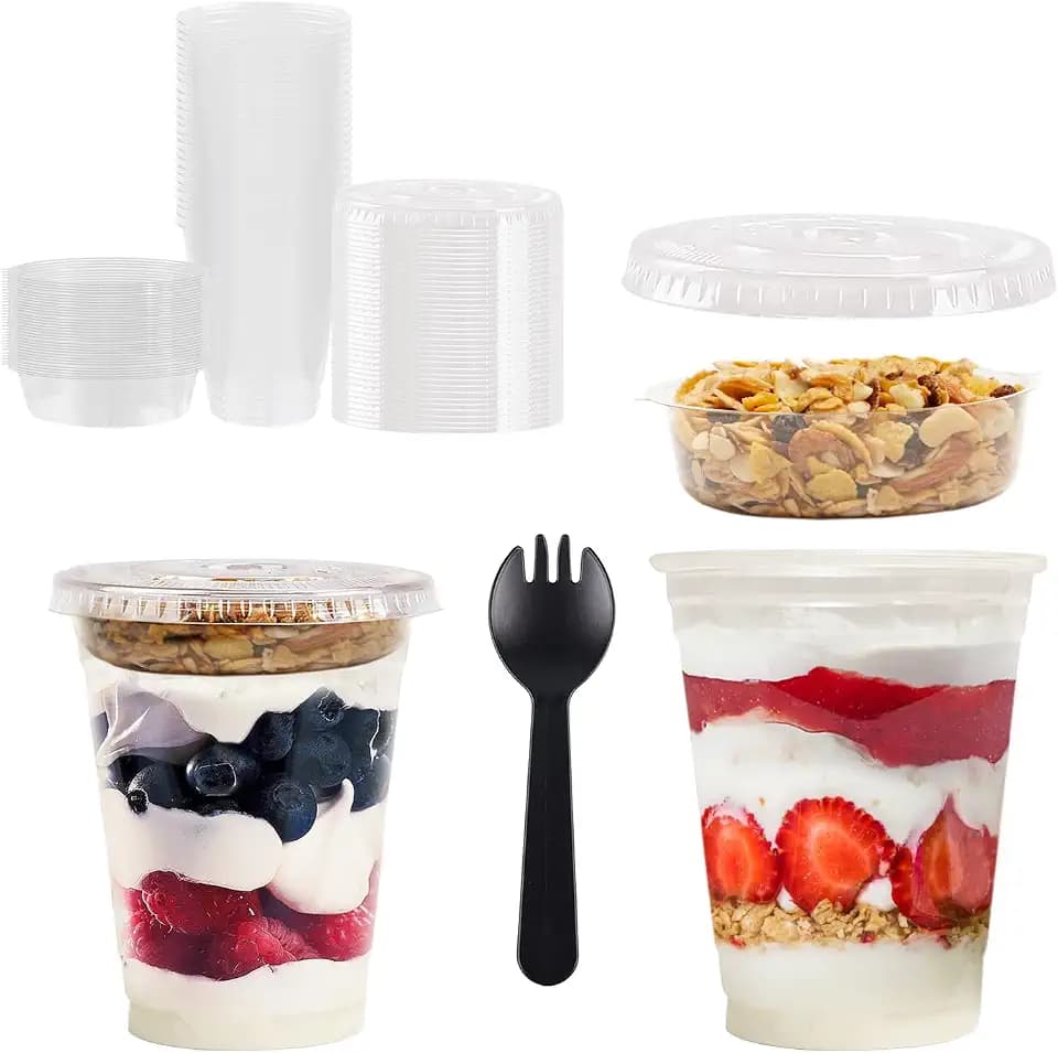 Parfait Cups - 12 Oz - 50 Set - Parfait Cups With Flat Lids & Inserts - Reusable Dessert - Spill and Leak Proof - Crystal Clear Plastic Cups With Lids - Dessert Cups…