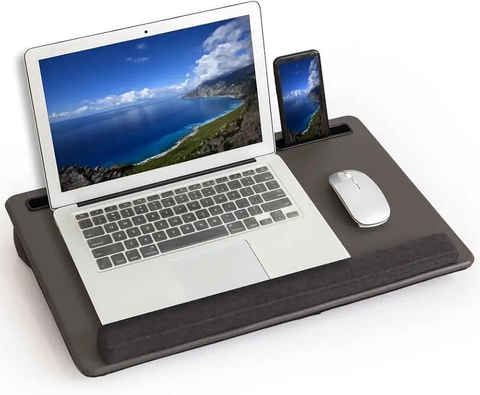 Lap Desk Home Office Lap Desk Portable Laptop Desk for Left Right - Handers with Whole Mouse Pad Wrist Pad Dual Cushion Phone Tablet Slots Fits Up to 17 Inch Laptops
