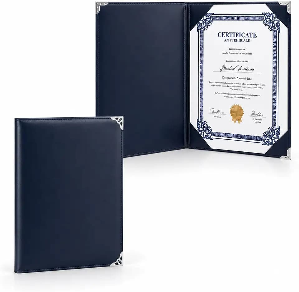 Certificate Holder 8.5 x 11, 1 Pack Navy Blue Faux Leather Diploma Cover with Silver Metal Corner Protectors, Padded Certificate Folder for Citizenship, Marriage and Graduation
