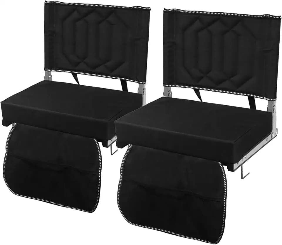 Stadium Seats with Back Support - Padded Bleacher Chair Cushion with Backrest, Shoulder Strap & Storage Pocket for Outdoor Events, Sports Games, Concerts, Camping, 2 Pack, Black