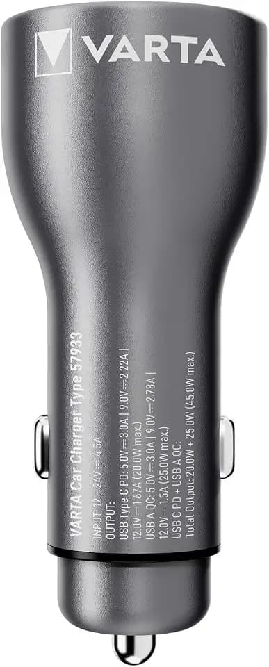 VARTA Ladegerät, Autoladegerät 45 W, 2 Anschlüsse, Aluminiumdesign
