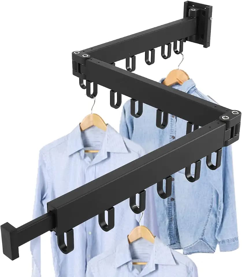 Clothes Drying Rack Wall Mounted Laundry Drying Rack Space Saver Collapsible Folding Clothes Hanger with Towel Bar for Laundry Balcony Mudroom Bedroom Patio (Black)