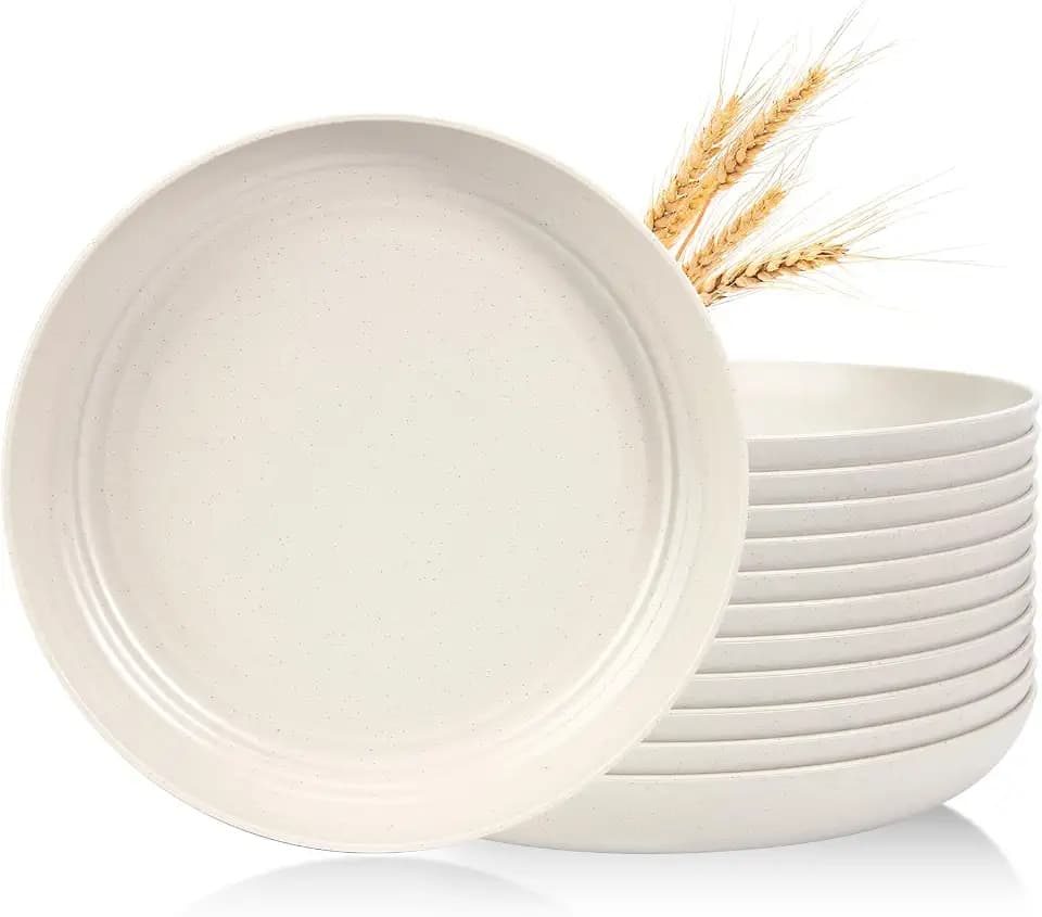 OAMCEG 12pcs Premium Wheat Straw Plates - 10 Inch Unbreakable Hard Plastic Dinner Plates Set of 12 - Kitchen Dishes Dishwasher & Microwave Safe Dinner Plates for Kitchen Outdoor Camping, Beige