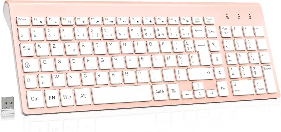 cimetech Kabellose Tastatur, Französische AZERTY-Tastatur mit Nano-Empfänger, USB, 2,4 GHz, ergonomisch, kompatibel mit Windows/MacOS, Windows PC Laptop – Rosa