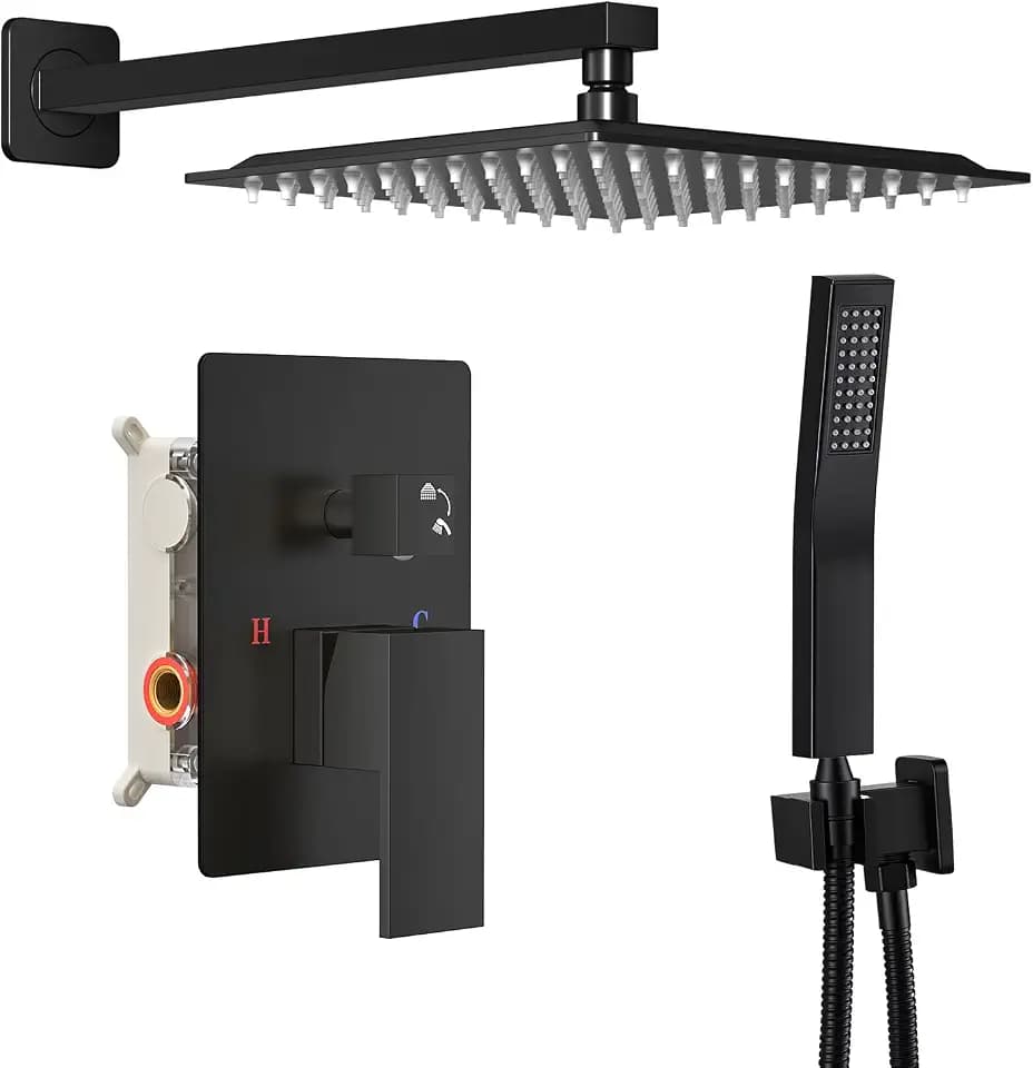 NEWBULIG Shower Faucet Set, Square Rainfall Shower Head and Handle Set with Valve Trim Kit,10.5 Inch Head, Matte Black