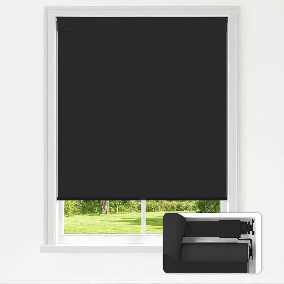 LazBlinds No Drill Blackout Roller Shades, 35" W x 72" H, Black