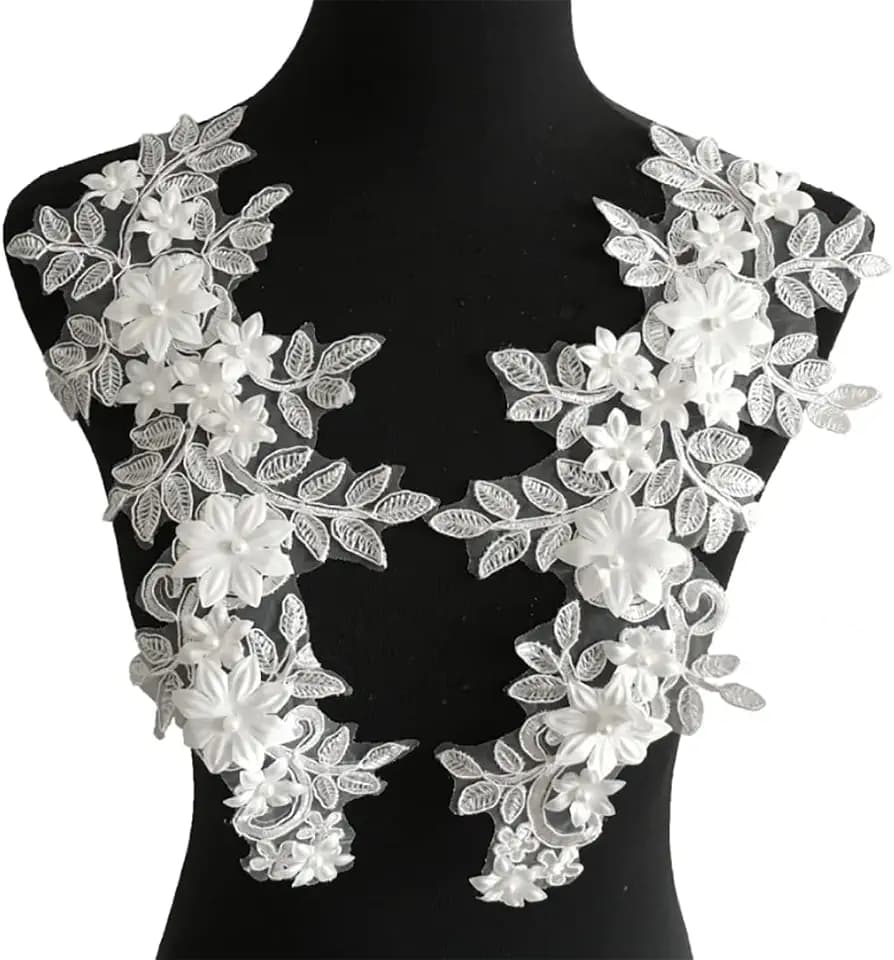 3D Lace Beads Flower Applique Patches Sew on Patches Embroidery Appliques Rhinestone Sewing Wedding Dress Collar Decor White