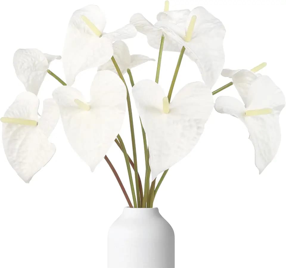 White Anthurium Artificial Flowers 10pcs, 23.6" Fake White Tropical Flowers Artificial Anthurium Real Touch for DIY Wedding Bouquets Centerpieces Bridal Shower Party Home Decor