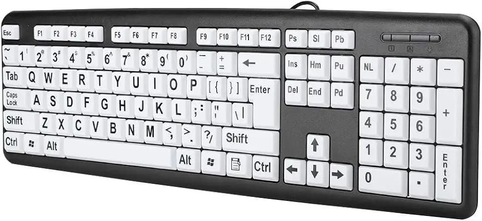 Vikye Großgedruckte Computertastatur, 104 Tasten, Kabelgebundene USB-Tastatur mit Kontrast und Weißen Großdrucktasten für Personen mit Sehbehinderung