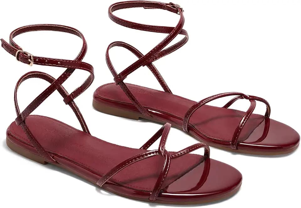 Coutgo Womens Flat Sandals Strappy Open Toe Cross Lace Up Ankle Strap Summer Dressy Beach Shoes