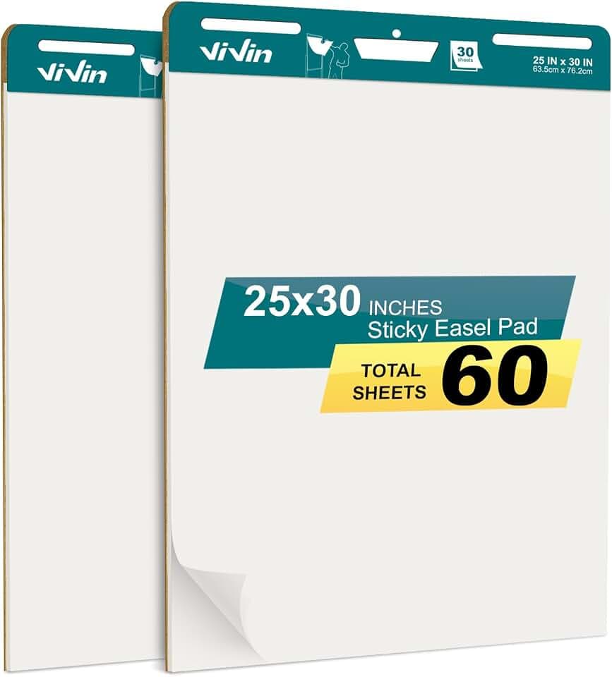 ViVin Sticky Easel Pad, 25 x 30 In Chart Paper, 30 Sheets/Pad, 2 Pads/Pack