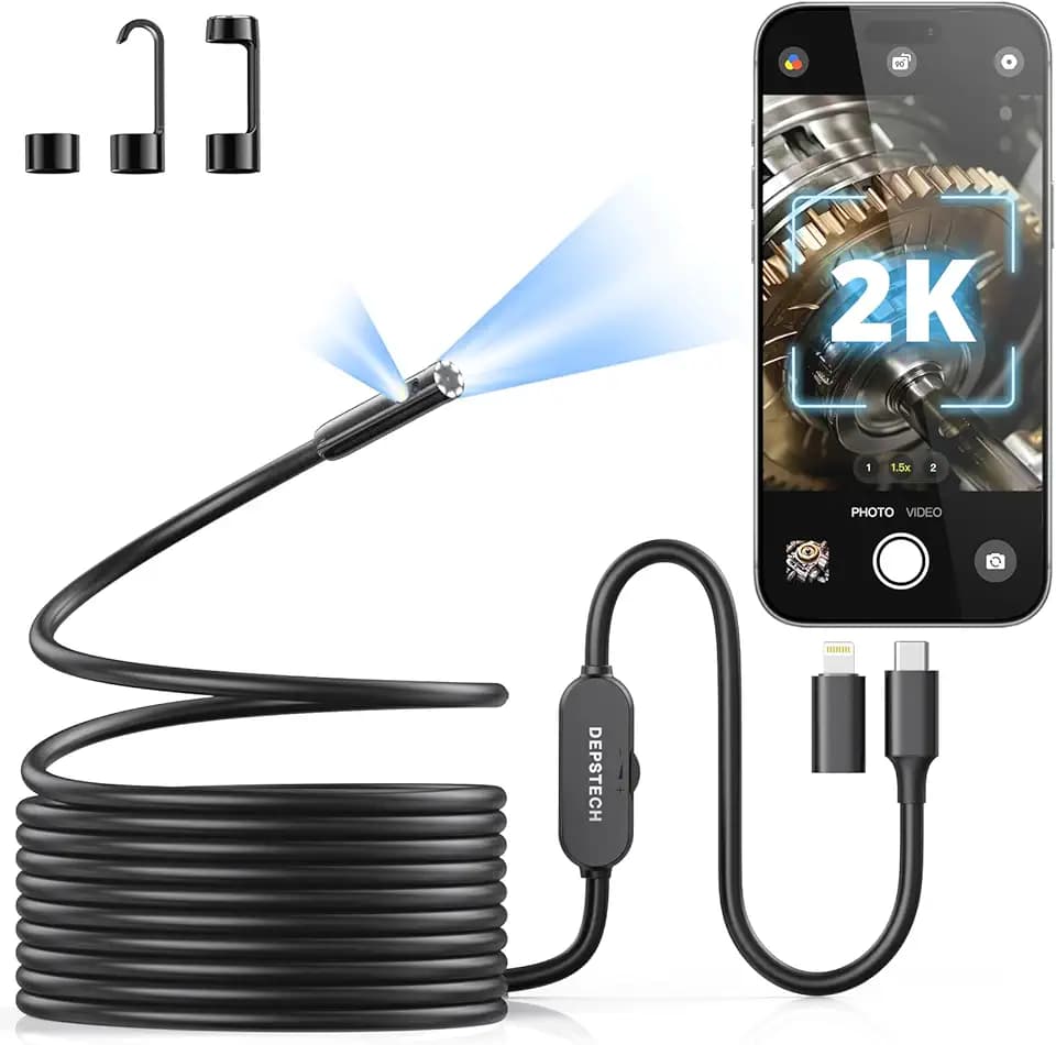 DEPSTECH 2K Endoskopkamera mit Licht: 2560P QHD Dual Lens Inspektionskamera | Endoskopkamera Handy mit 5m Schlangenkabel für iPhone und Android, 9LEDs, IP67 Wasserdicht für HLK, Sanitär und Kfz-Handwerk