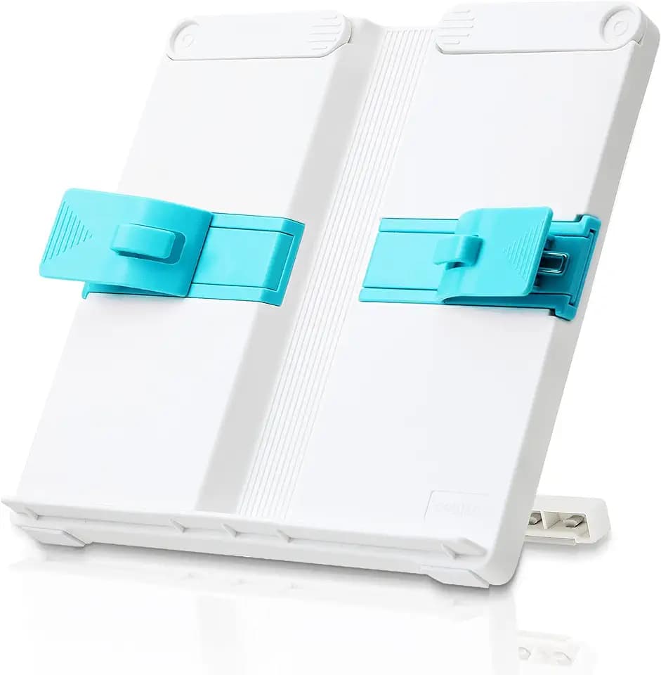 Deli Book Stand, Foldable Adjustable Reading Rest Bookstand, Portable Sturdy Book Holder with Fixing Clips for Recipes Textbooks Tablet Music Books