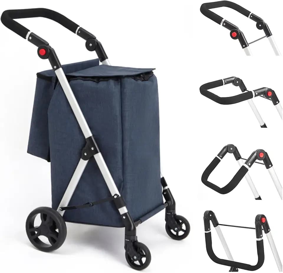 Einkaufstrolley, 46 l, Einkaufstrolley, 4 Räder, mit Kühltasche, verstellbare Griffe, faltbar, leicht, aus Aluminium (blau)