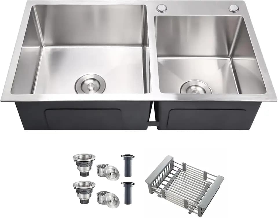 31" x 18" Silver Double Bowl Kitchen Sink, Drop-in/Topmount Overmount Kitchen Sinks with 304 Nano-Coated and Drain Assembly & Fruit Basket