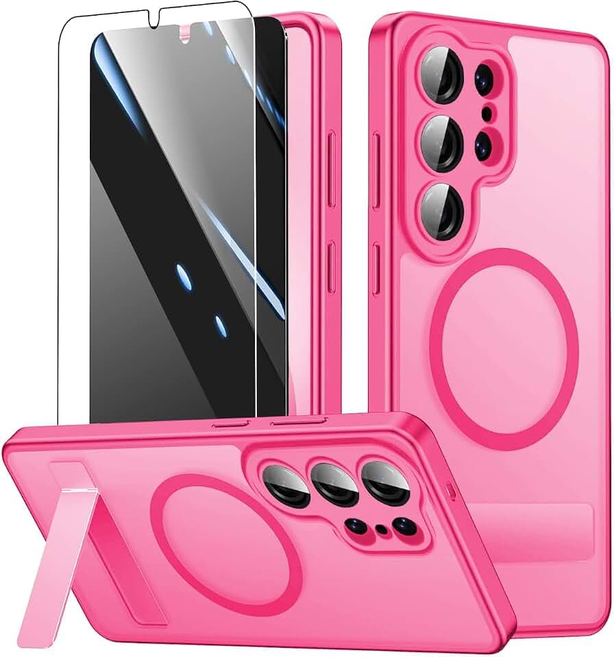 Magnetic for Samsung Galaxy S25 Ultra Case with Stand and Screen Protector & Camera Protector,Galaxy S 25 Ultra Case Compatible with MagSafe,Matte Translucent Shockproof Slimi Phone Case-Rosered