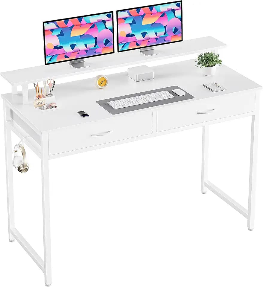 DUMOS 40-Inch Computer Desk with Drawers and Monitor Stand, White