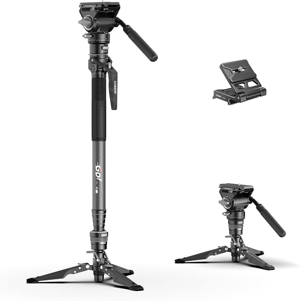 COMAN One-Click Lifting Carbon Fiber Monopod, Abnehmbaren Standfüßen 175 cm Video-Einbeinstativ (inkl. Schnellwechselplatte), DSLR, Camcorder, Max. Tragkraft 10kg (M1ProV5)