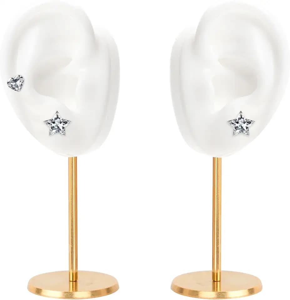 Ear Shaped Earring Display Stand, Piercing Stud Holder, Copper Round Base Silicone Body Mannequin Model Organizer, Navel Jewelry Rack for Girl Women Shows Birthday Wedding Decor (Left&Right, White)