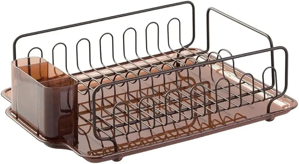 iDesign Forma Lupe Stainless Steel Metal Sink Dish Drainer Plastic Tray Kitchen Drying Rack For Glasses, Silverware, Bowls, Plates, 13.3" x 17.5" x 5.2", Bronze