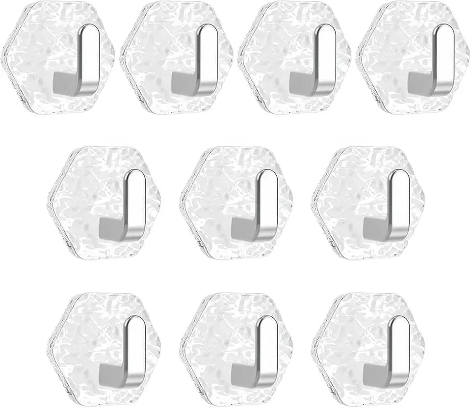 10PCS Self Adhesive Hooks Heavy Duty, No Drill Wall Hooks Water Ripple Hexagonal, Shower Towel Hooks with Adhesive for Hanging, Damage-Free Wall Hook for Kitchen, Door, Bathrooms(Silver)