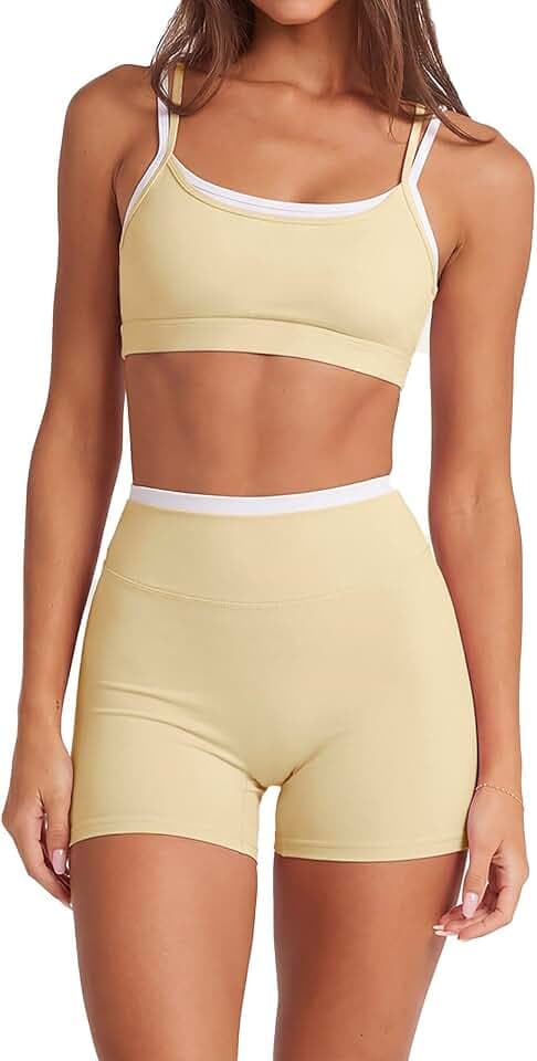 SUUKSESS 2 Piece Workout Sets Layered Sports Bra Yoga Gym Biker Shorts