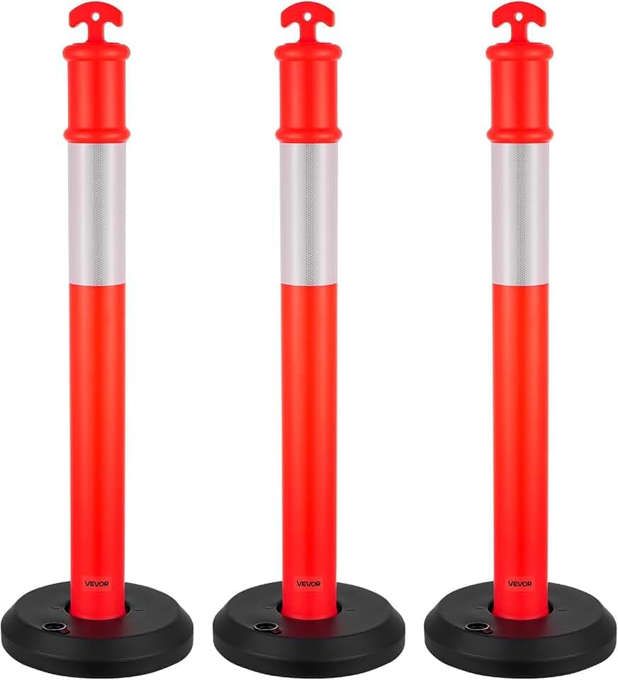 VEVOR 3 Pack Traffic Delineator Posts, 45 inches Traffic Safety Cones with Fillable Base and Reflective Strips, Heavy Duty Delineator Posts for Construction Site, Parking Lot, Crowd Control, Red