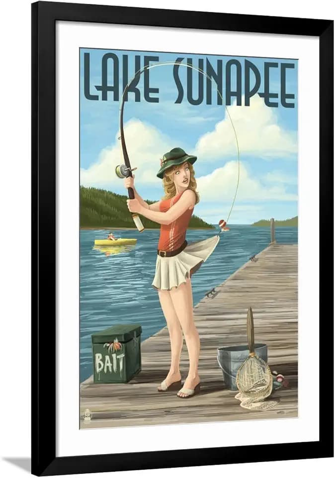 ART.COM Wall Art Print Lake Sunapee, New Hampshire - Pinup Girl Fishing on Black Frame by Lantern Press, 32" x 44"