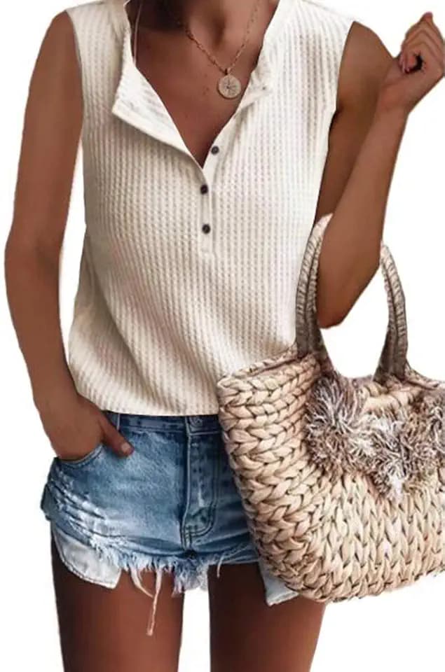 Famulily Women's Flowy Waffle Knit Tank Tops Loose Button Up V Neck Henley Shirts
