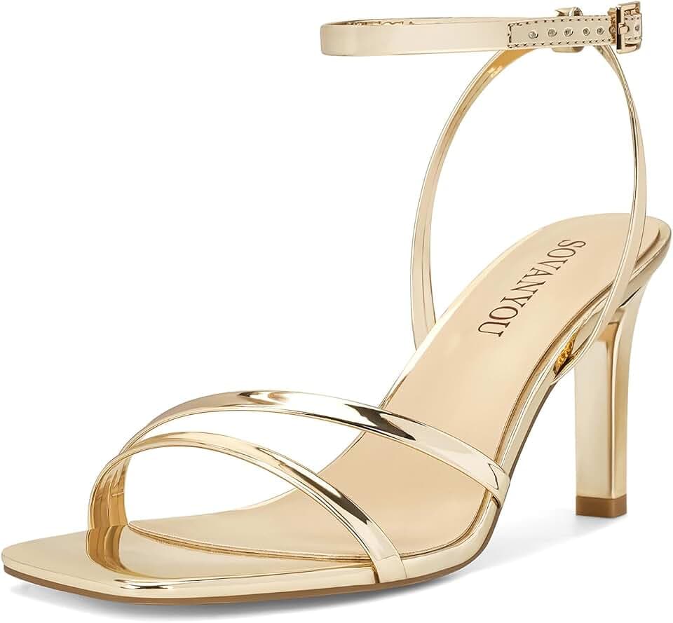 SOVANYOU Heeled Sandals for Women Dressy Square Open Toe Strappy High Heels with Ankle Strap for Wedding Party Daily Wear