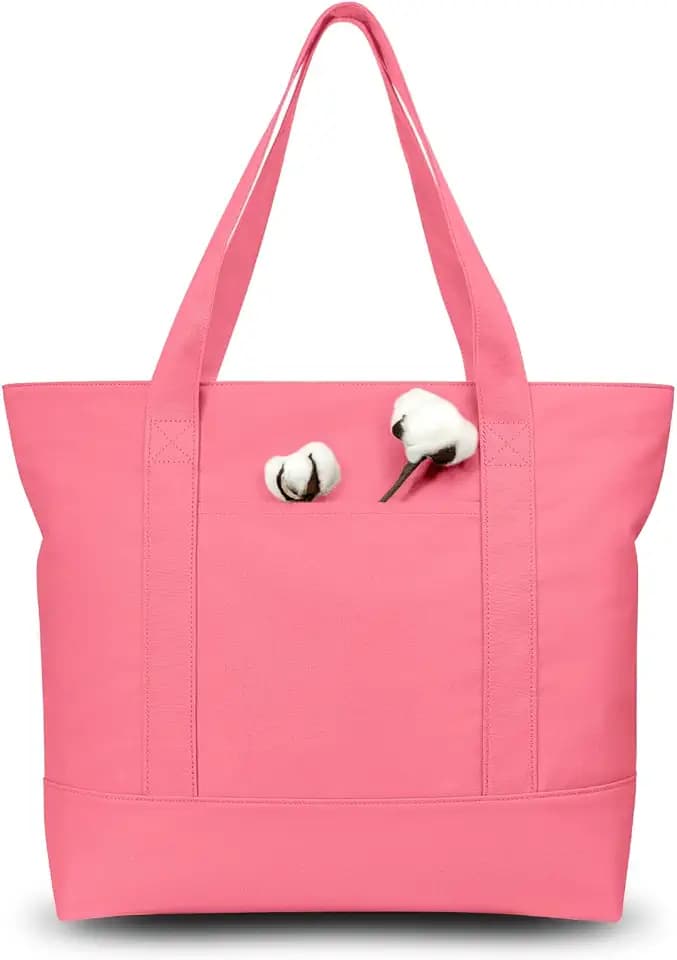 TOPDesign 1-Pack Canvas Tote Bag with an External Pocket, Reusable Grocery Shopping Bag, Top Zipper Closure, Daily Essentials (Rose Pink)