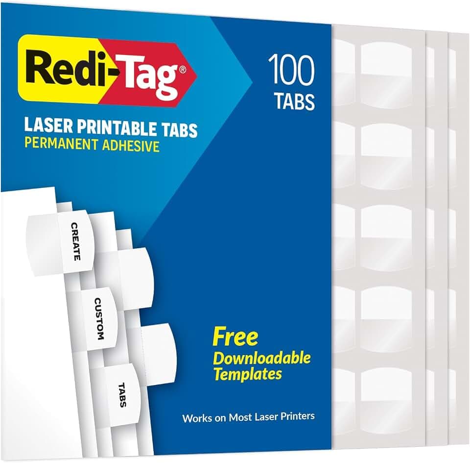 Redi-Tag Laser Index Tabs, Permanent Adhesive Index Labels, Divider Labels for School, Home and Office, 1-1/8" x 1-1/4", White, 100 Tabs, (B33117)