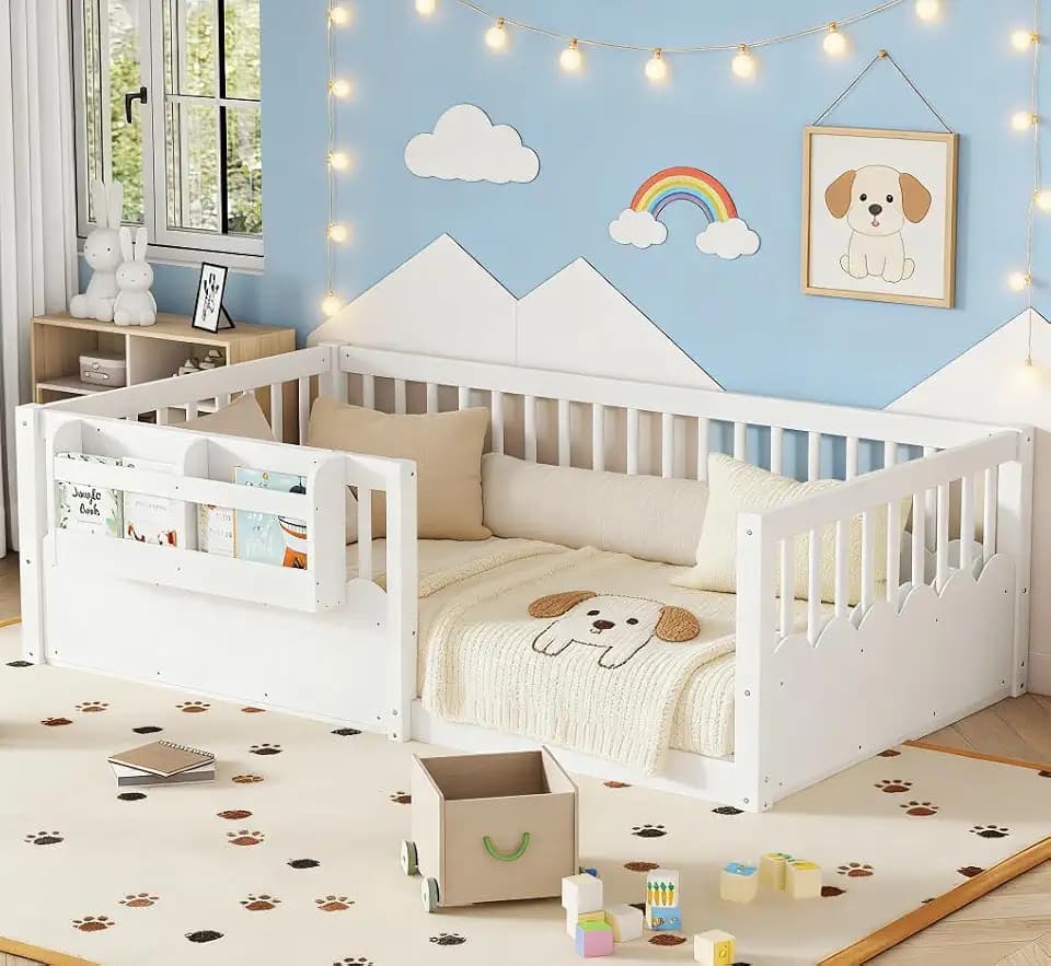 Bellemave Twin Size Floor Bed with high Rails and Bookshelf for Kids, Girls, Boys, Wood Montessori Bed Without Door, White
